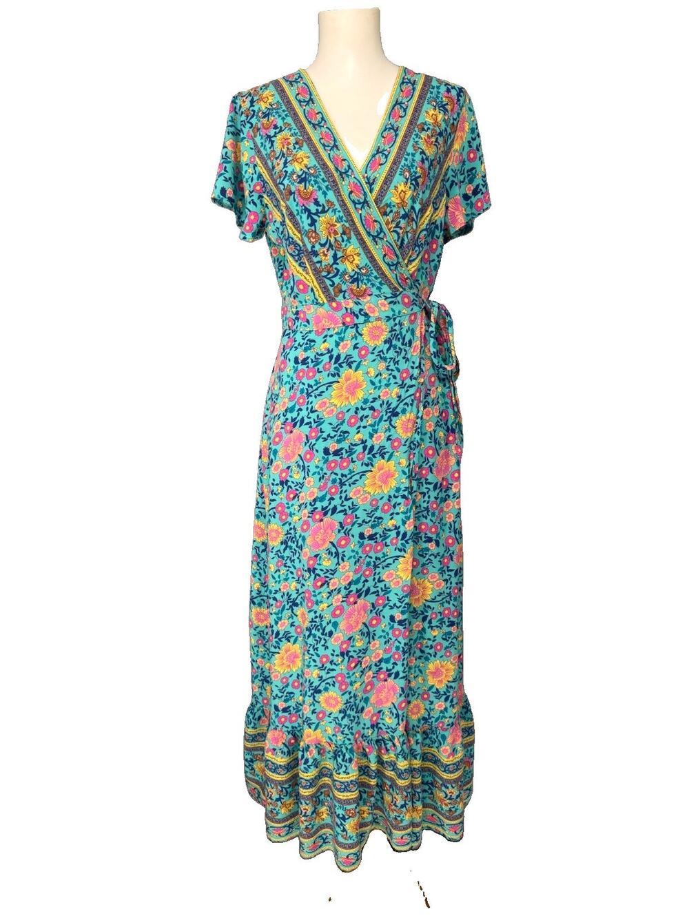 ZESICA Maxi Dress Medium Boho Floral Blue Pink Wrap Tie Waist Cottagecore